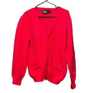 Van Cort‎ Red Cardigan Sweater Ribbed Knit Long Sleeve Pockets Size Medium